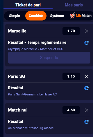 Exemple de panier de paris sur Betsson