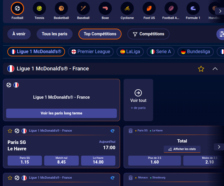 Interface utilisateur de Betsson