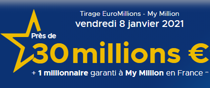 Euromillions : 30 millions d'euros + 1 millionnaire garanti ce vendredi 8 janvier 2021 !